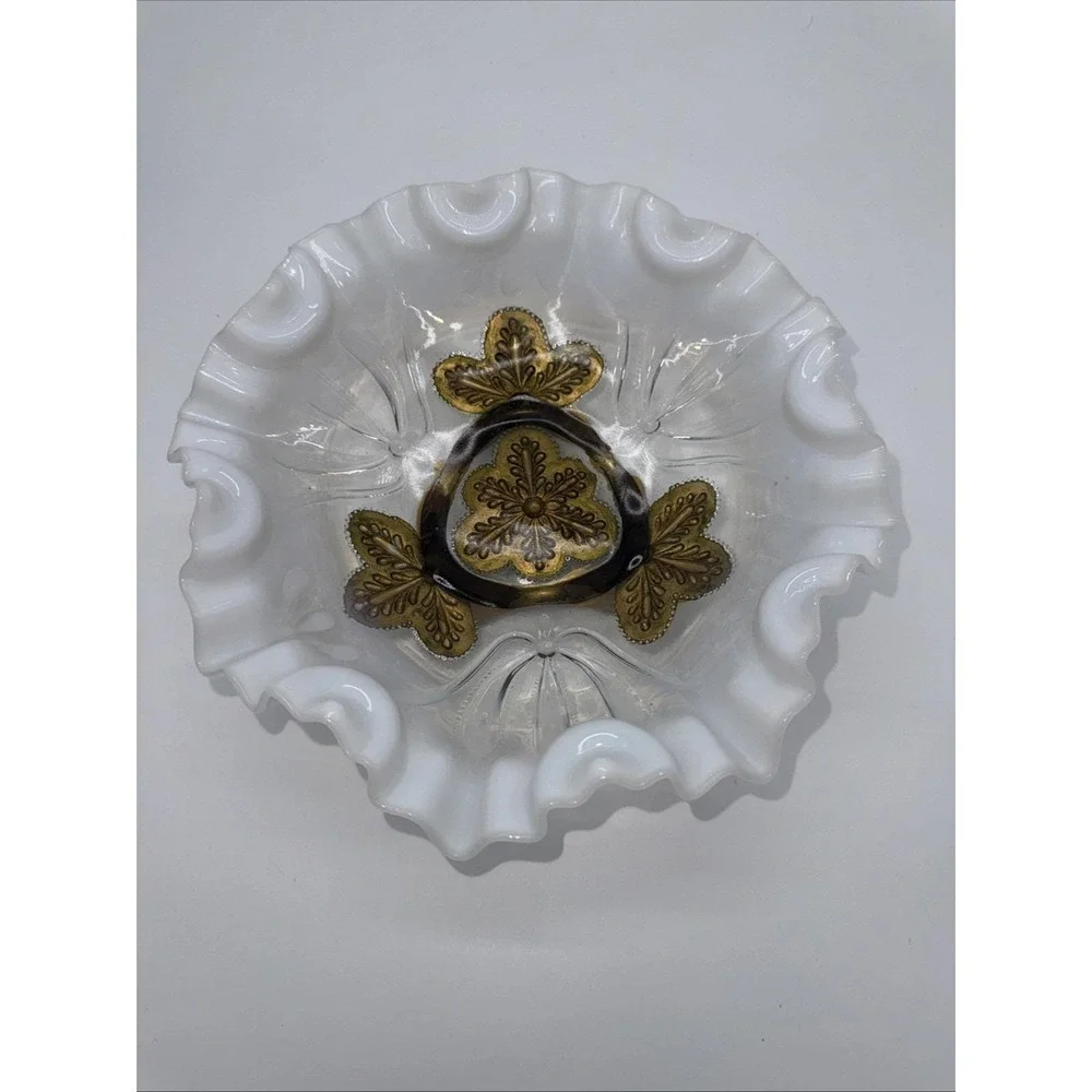 Northwood Dugan Glass Opalescent Crimped‎ Ruffle Footed & Goofus Gold Glass Bowl